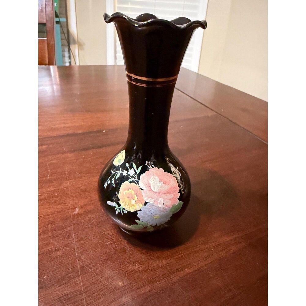 Vintage Black Bud Vase With Gold Trim and Floral Design